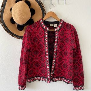 ❄️ Vintage L.L. Bean Red Winter Snowflake Nordic Knit Button Front Cardigan ❄️